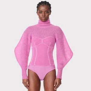 HERVÉ LÉGER Bandage-paneled ribbed-knit turtleneck bodysuit Carnation Pink Small